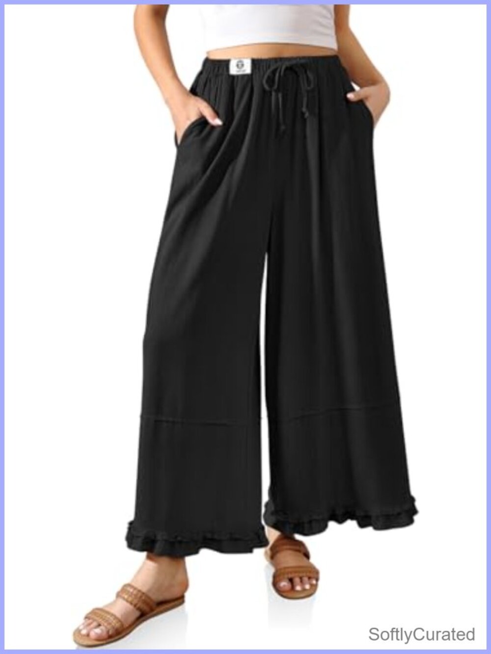 Linen Blend Palazzo Pants Wide Leg Ruffle Hem Drawstring Beach Travel